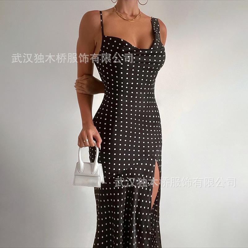 European and American new polka dot suspender swing neck dress women's fashion sexy sleeveless backless split long