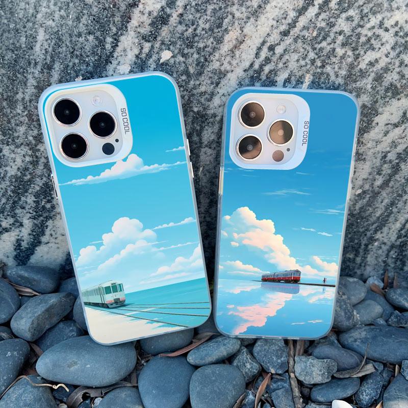 Sea Blue Sky Beach Rail Car Laser Phone Case For iPhone 16 11 12 13 Pro Max Mini 15 14 Pro Max Plus Shockproof Back Cover Fundas