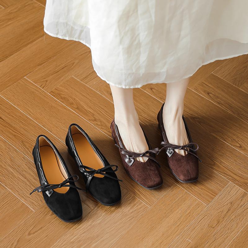 Retro suede British style flat Mary Jane women's shoes bow ballet shoes one pedal shallow mouth square head single shoes
