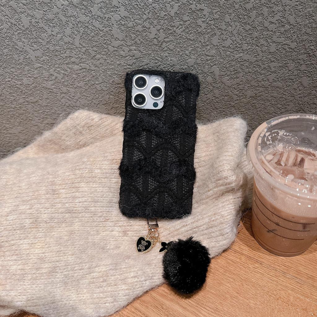 For iPhone 16 Pro Max Case Soft Plush Hard PC Winter Phone Cover with Cute Keychain Accessory