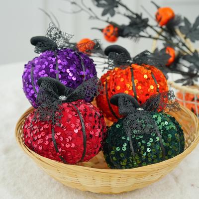 Sequined Pumpkin Centerpiece Halloween Pumpkin Decoration Glittery Pumpkin with Bow Ornament