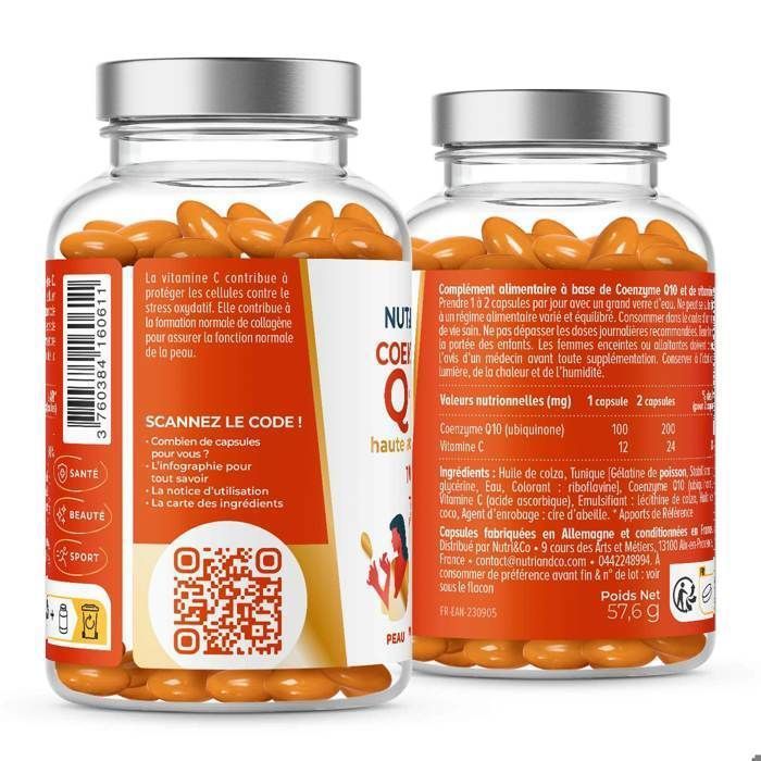 Coenzyme q10 - ubiquinone 200mg + vitamine c - complément peau anti-âge &amp; anti-rides - 120 capsules - nutri&amp;co