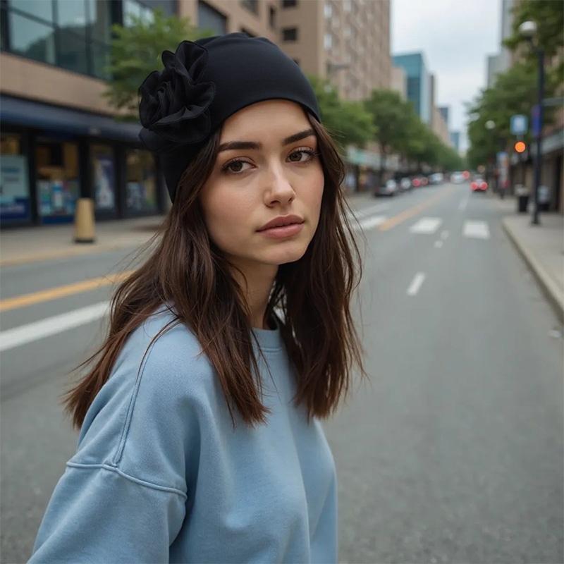 1Pc Head Cap Muslim Head Wraps Women Hair Accessories Solid Color Fashion Turban Hat Elastic Cloth Big Flower