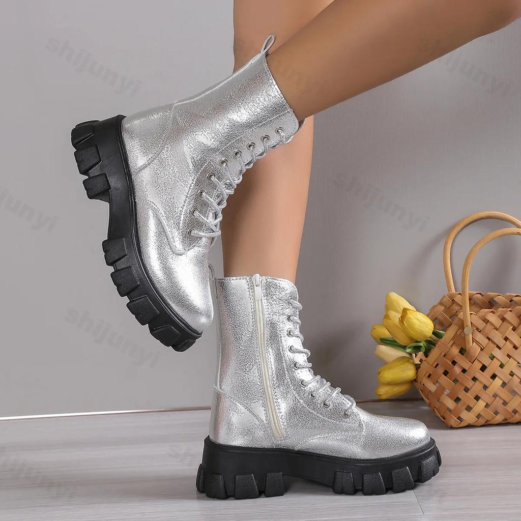 2024 New Retro Women Platform Ankle Boots Female's Round Toe Lace Up Fashion Chunky Shoes Punk Short Boots Botas De Mujer