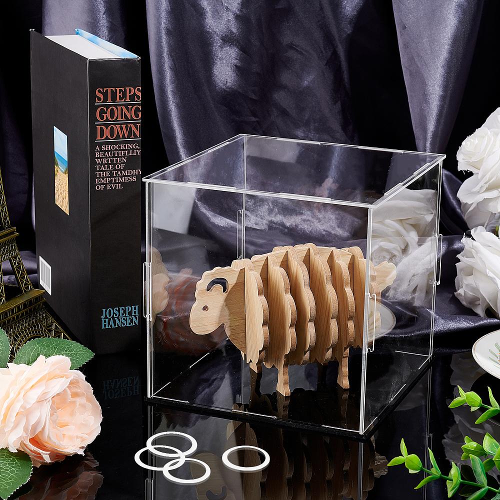 1set Transparent Acrylic Display Boxes Dust-Proof Cases with Black Base and 4Pcs Plastic Rings for Models Building Blocks Doll Display Holders Clear
