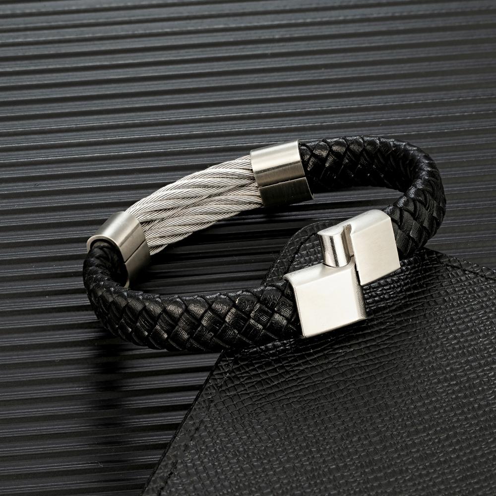 Punk Men Jewelry Non-fading Steel Wire Rope Leather Bracelet Vintage Cuff Charm Bracelet for Men Jewelry Street Gifts