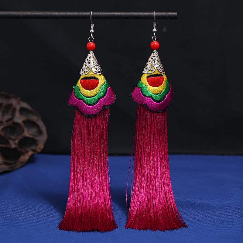 

Юньнаньская вышивка, серьги с бахромой, длинные, темпераментные, универсальные, серьги для ципао, женские, ретро, свадебные, китайские серьги