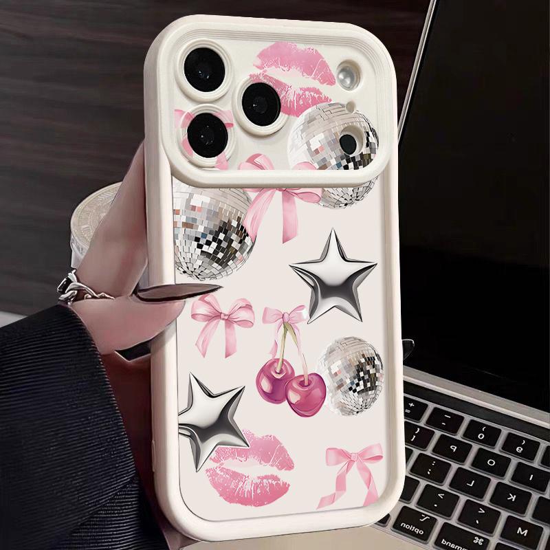Cherry Bowknots Lips Disco Ball Case For iPhone 17 Pro Max Shockproof Silicone Bumper Cover For iPhone 16 Pro Max Funda iPhone 15 14 13 12 11 16E