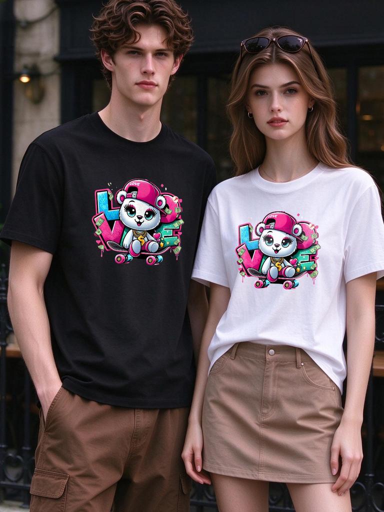 Unisex T-shirt Cute Cartoon Bear Love Graffiti Print Fashion Casual Comfortable Summer Short Sleeve Top