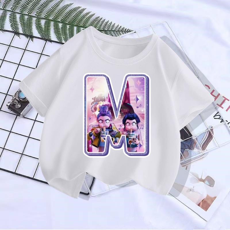 Cute letter boy T-shirt Kpop demon hunter T shirt children's boy and girl summer short sleeved top children's clothing