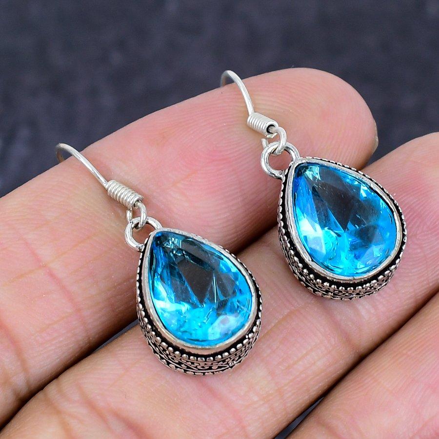 Natural Swiss Blue Topaz Gemstone 925 Sterling Silver Jewelry Earring 1.38" D7c52