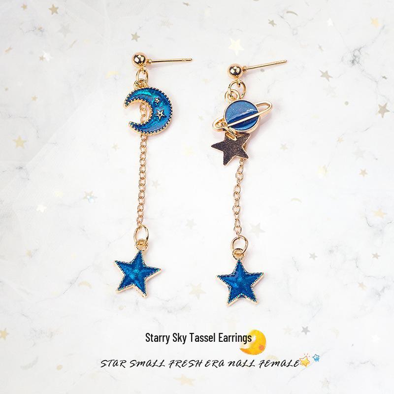 E1382 Boucles d'oreilles asymétriques style japonais et coréen: Ciel étoilé bleu, Lune, Design de planète