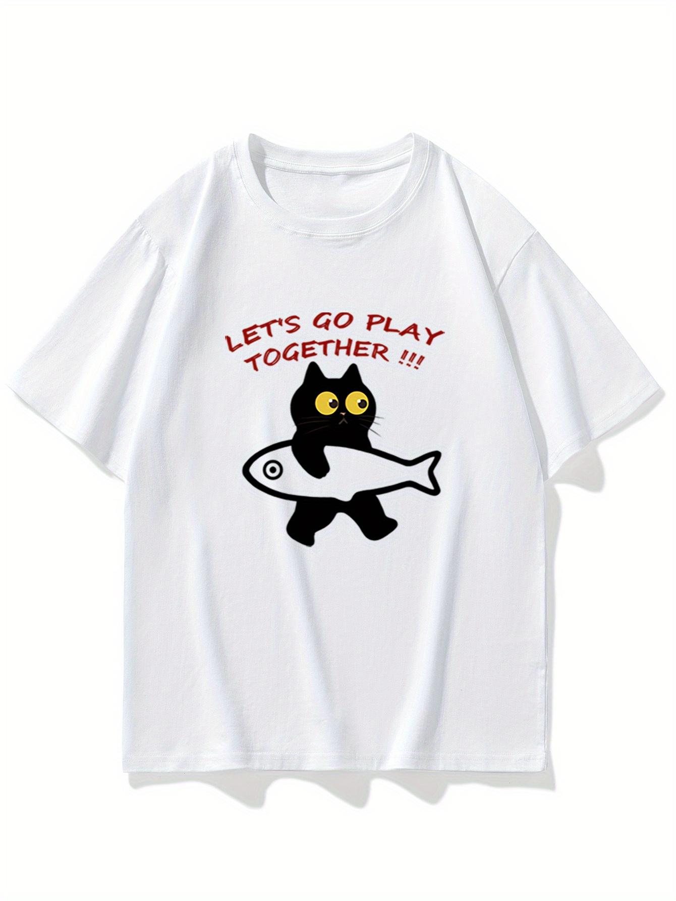 LETS GO PLAY TOGETHER Cartoon Black Cat Carrying Fish Graphic TShirt Casual Short Sleeve Round Neck Summer Tee Tops S