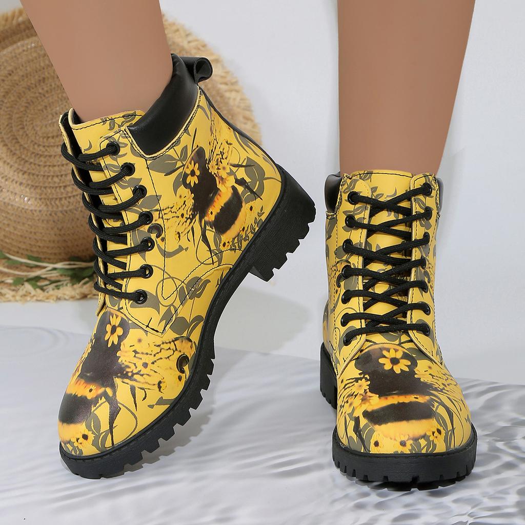 Boots Woman Elegantes Lace Up Low Heel Ankle Botas Mujer Ladies Casual Shoes Retro Round Toe Printing Boot Chelsea Bottes Femmes