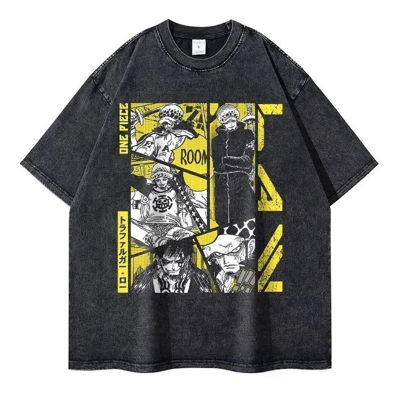 

One Piece Trafalgar Law Multi Pose Comic Collage Vintage Washed Oversized T-Shirt Black Unisex Anime Streetwear T-shirt L