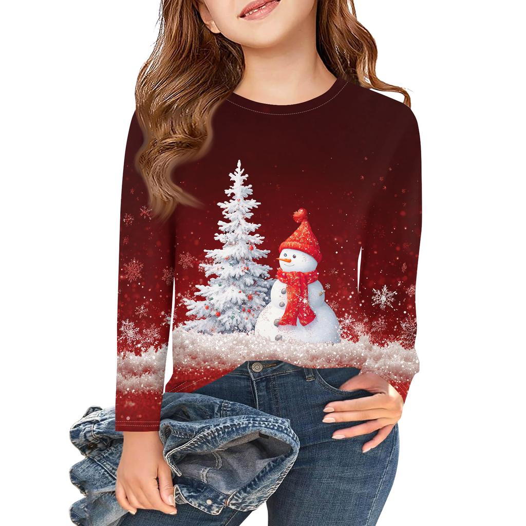 Weihnachtstag Mädchen Langarm T-Shirts Kinder Herbst Oberteile Rundhalsausschnitt Bedruckte Basic T-Shirts