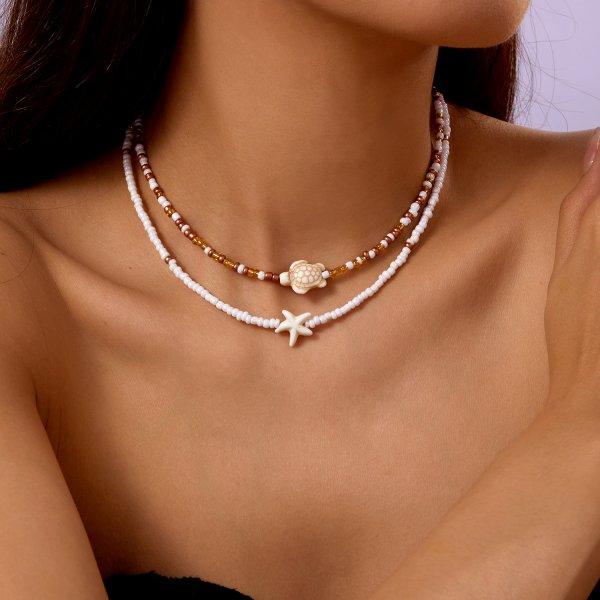 Bohemian Doppelperlen Seestern Schildkröte Anhänger Halskette für Frauen Bunte Samenperlen Schlüsselbein Kette Choker Strandparty Schmuck