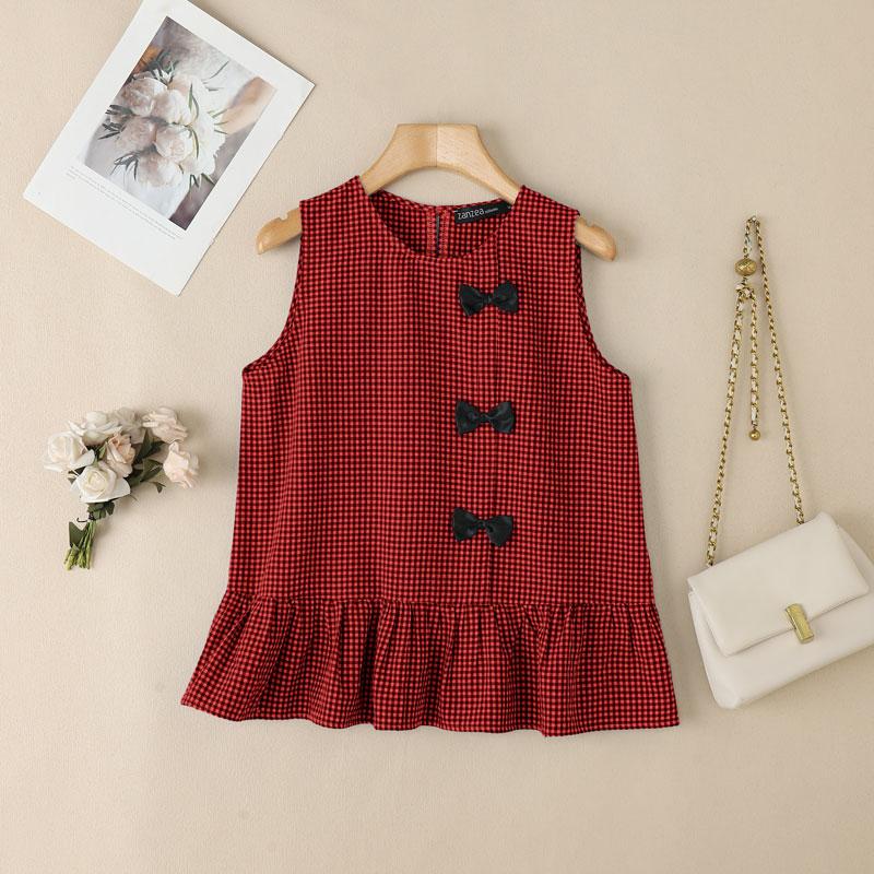 ZANZEA Womens Summer Round Neck Sleeveless Plaid Print Tank Tops