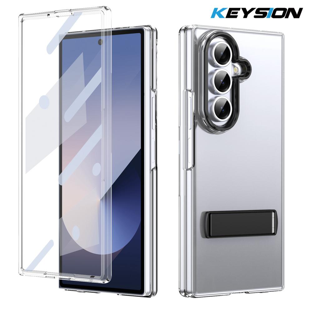 KEYSION Transparent Case for Samsung Galaxy Z Fold 7 Hard PC Metal Kickstand Shockproof Phone Cover with Glass Screen Protector