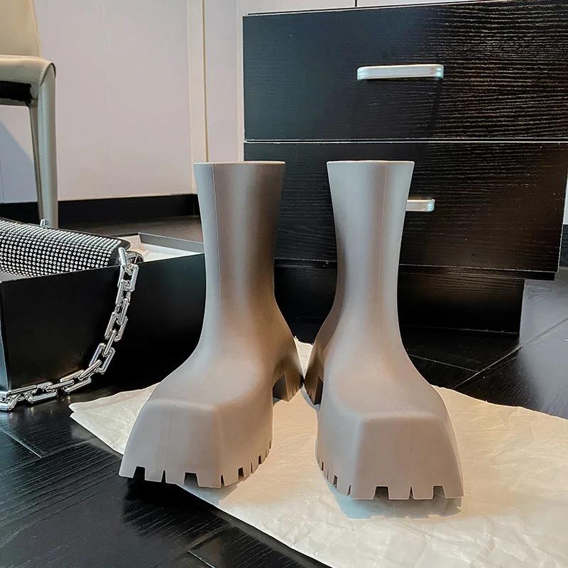 Fashion Bottes de Pluie de Luxe en Cuir Souple pour Femme, Bottines de Styliste, Imperméables, Confortables, à Plateforme