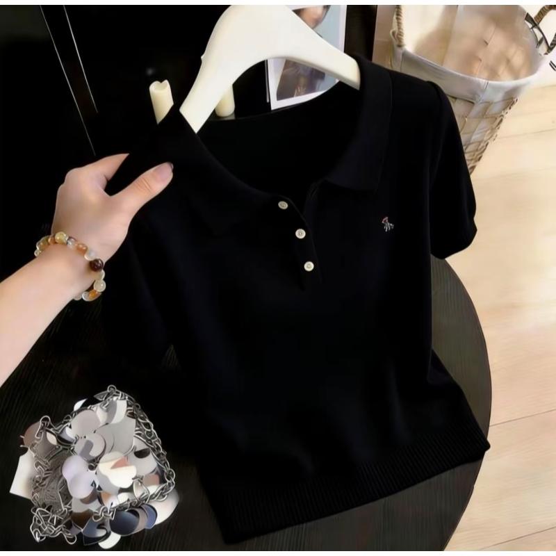 Summer New Style Women's Sweet Style Polo-neck Short-sleeved T-shirt Knitted Top