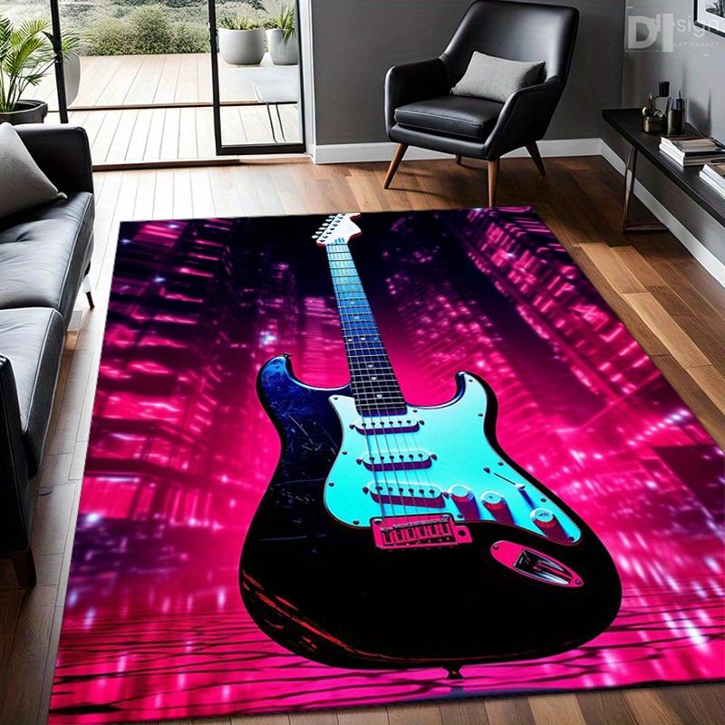 Crystal Velvet Guitar Print Non-Slip Floor Mat Vibrant Electric Guitar Design Polyester Large Size Carpet