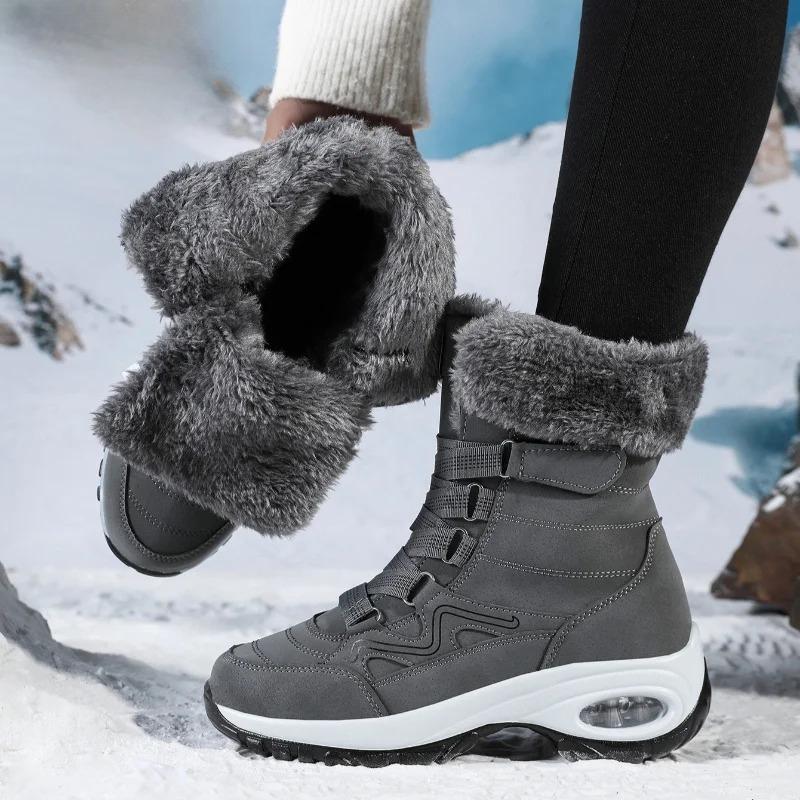 Women High Top Snow Boots Winter Plush Hiking Sneakers Comfort Air Cushion Daily Boots Non-slip Winter Outdoor Walking Boots