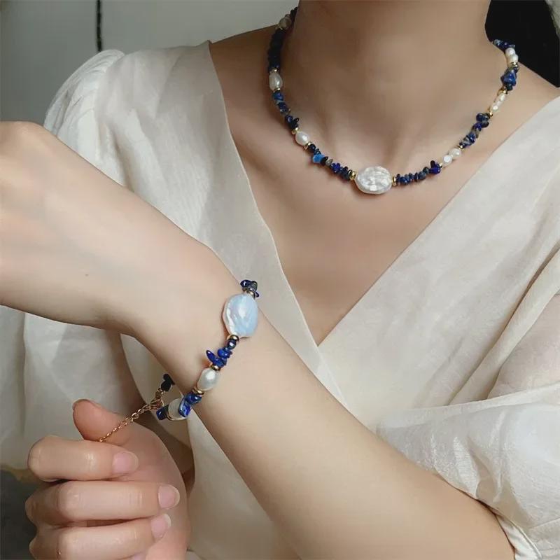 Lapislazuli Barockperlenarmband & Süßwasserperlenkette Schmuckset