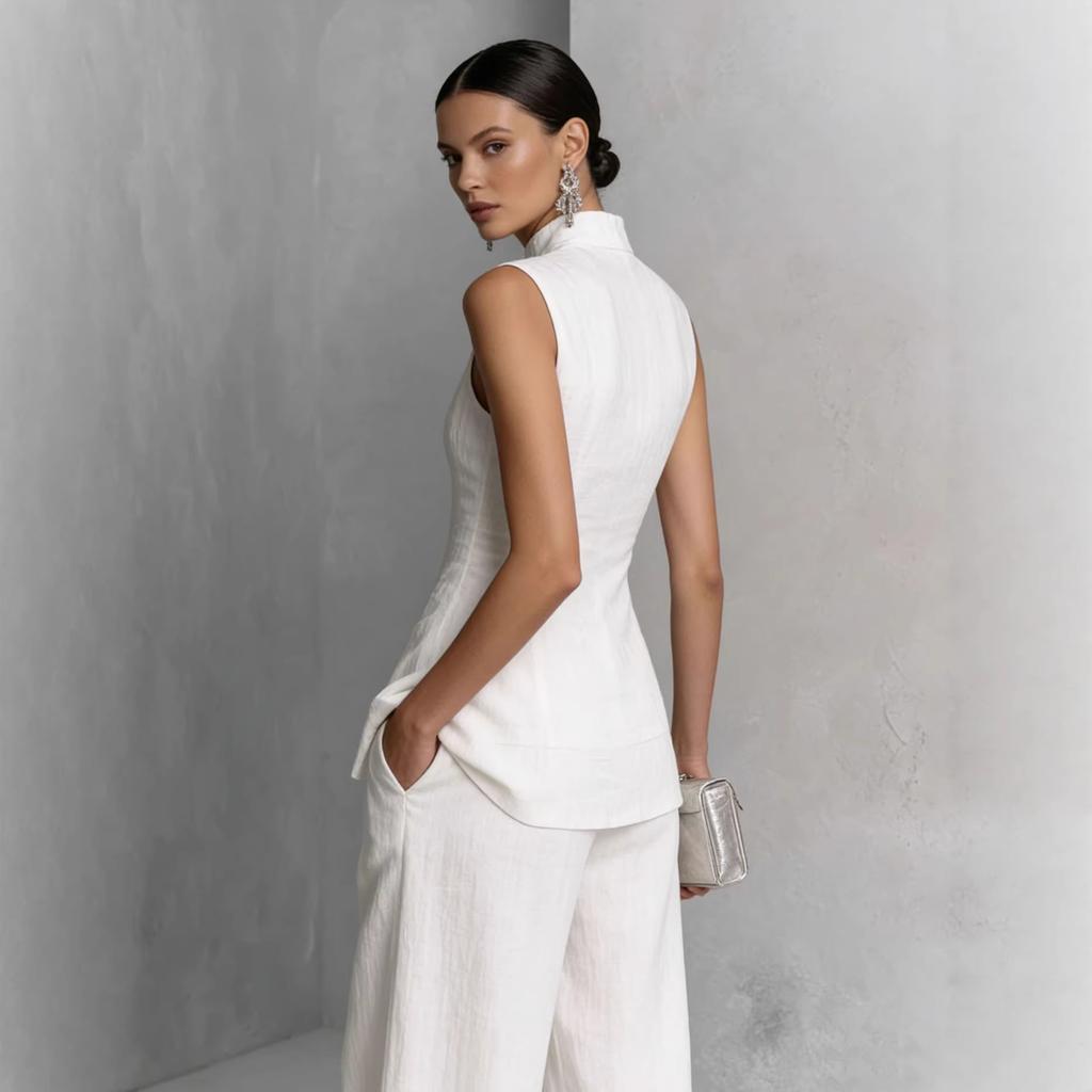 2026 European and American drape cotton and linen shirt solid color fashion temperament sleeveless trousers suit