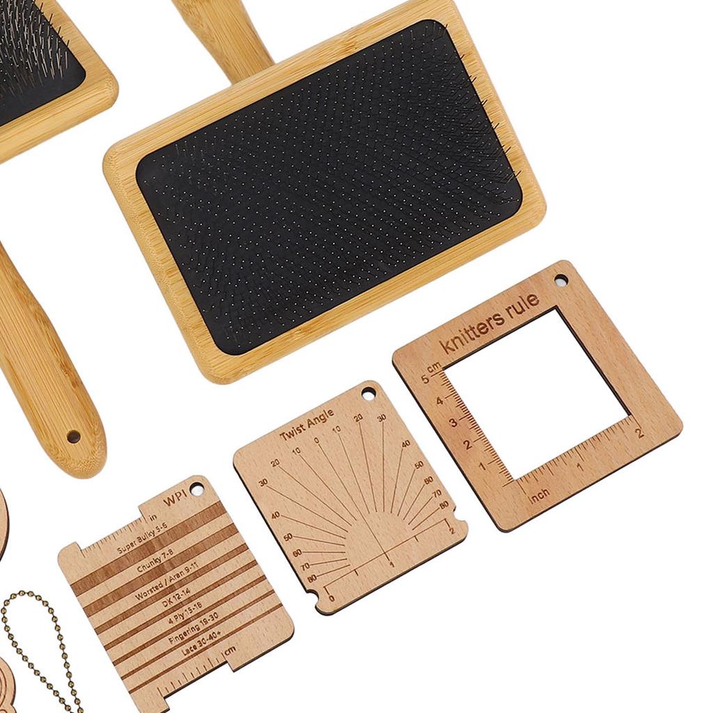 Knitting Measure Tool Set Wool Blending Board Carding Brush Set Wooden Yarn Ruler Density Ruler Angle Meter Brush Chain Set