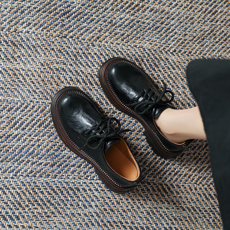 Women's 2024 Spring/Summer Retro Lace-Up Loafers - Thick Sole, Round Toe, Chunky Heel In British Style