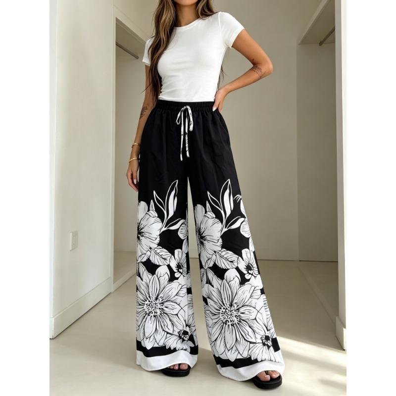 Large-Sized Casual Printed Pants Tie Waist Wide-Leg Spring Summer Women's Clothing