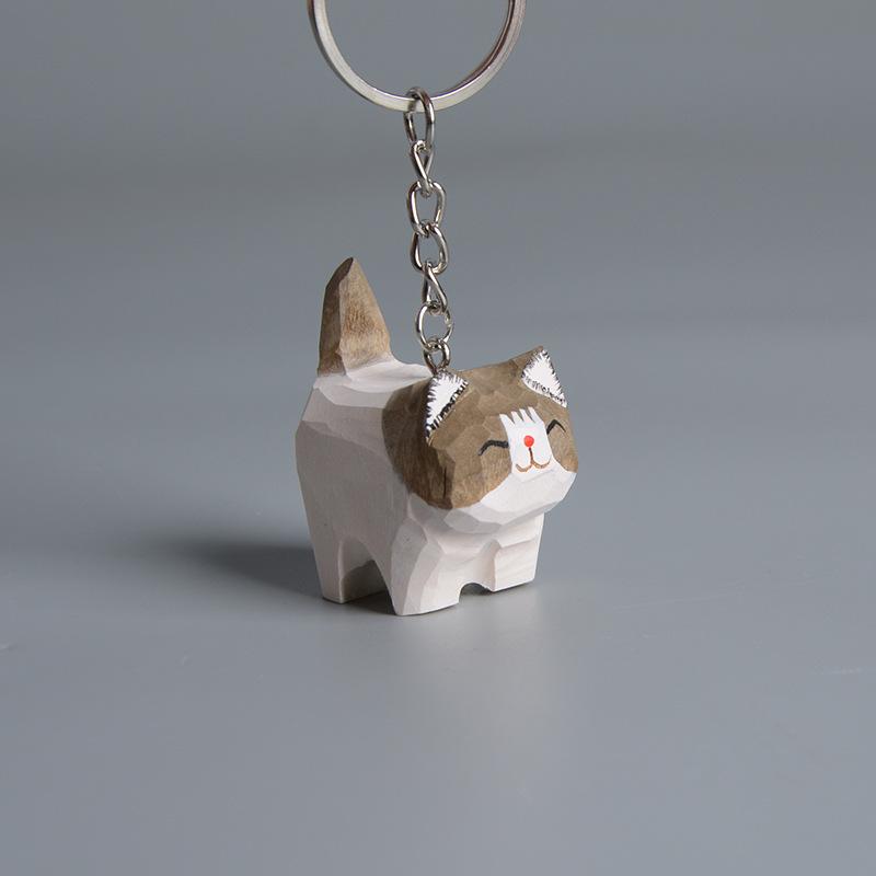 Funny Handmade Carved Wooden Cat Keychain Creative Pendant Non-toxic Material Unisex Keyring for Daily Key Organize