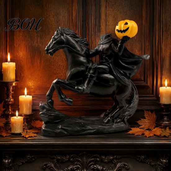 Decorative Resin Horseman Headless Statue with Pumpkin, Horror Knight Holding Pumpkin Unique Holiday Gift Ornament, Halloween Horse Sculpture