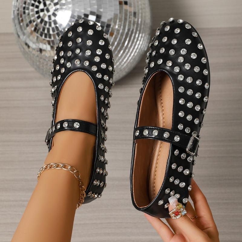 Luxury Crystal Rhinestone Fishnet Ballet Flats Woman Brand Design Rivet Studs Mesh Mary Jane Shoes Ladies Summer Cut Out Loafers