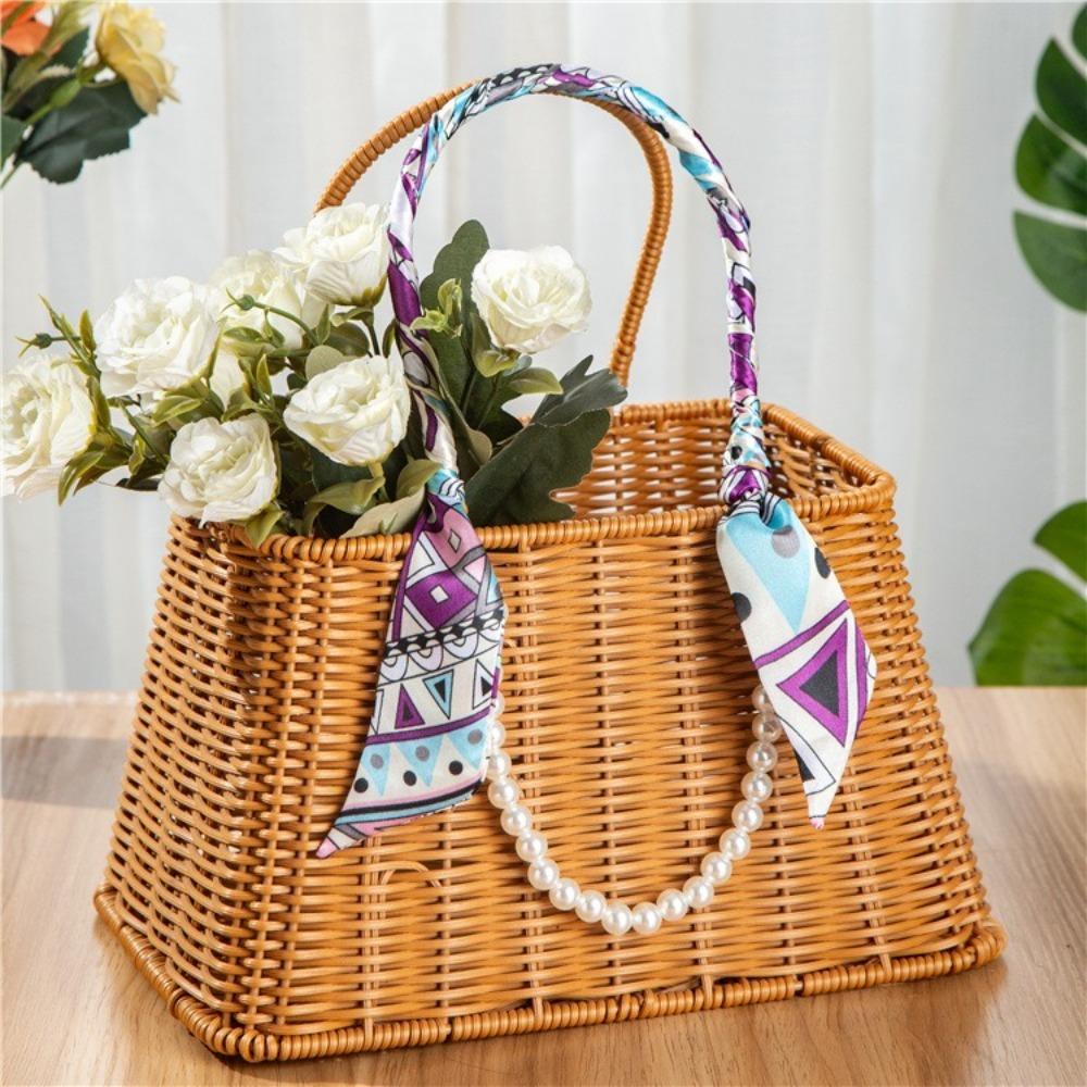 Durable Bamboo Flower Basket Long Handle Imitation Rattan Storage Basket Valentine's Day