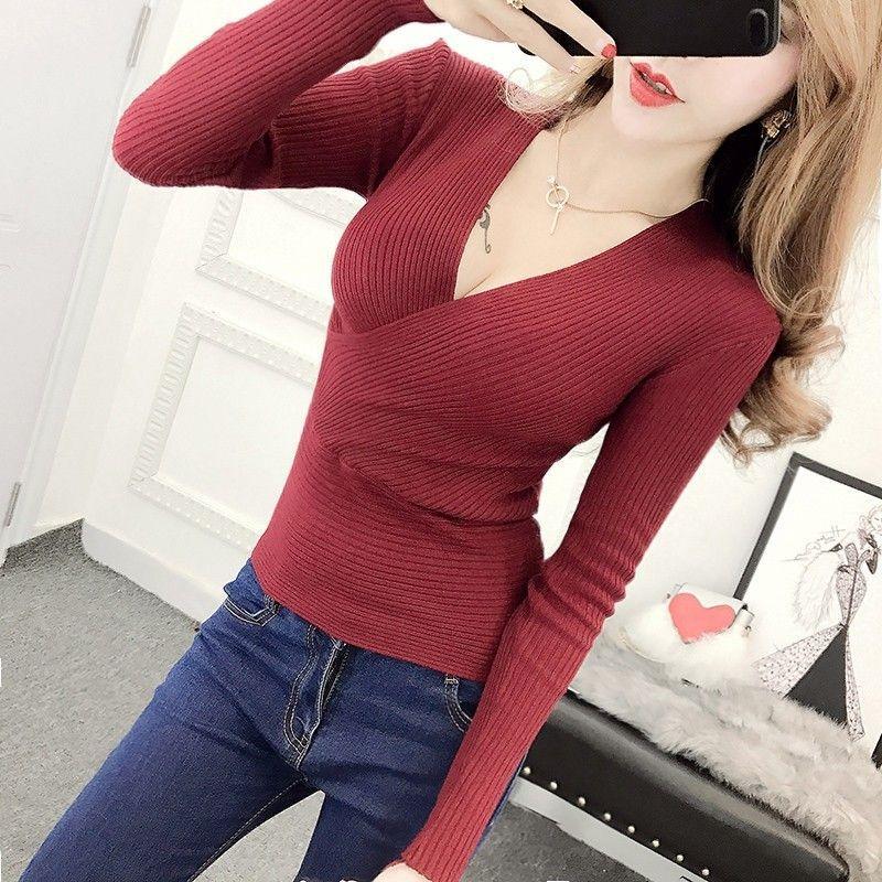 Pure desire sexy cross-neck long-sleeved knitted top women's spring and autumn new waist and thin high-end temperament bottoming shirt