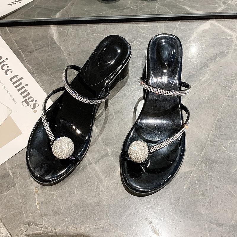French Thick-heeled Slippers Women's Summer Wear New Internet Celebrity with Skirt Rhinestone Sandals Women's Versatile Toe Roman Sandals