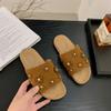 New Style Luxury Slippers Women Cow Suede Leather Peep Toe Rivet Floral Solid Designer Flats Autume Ladies Shoes Zapatos Mujer
