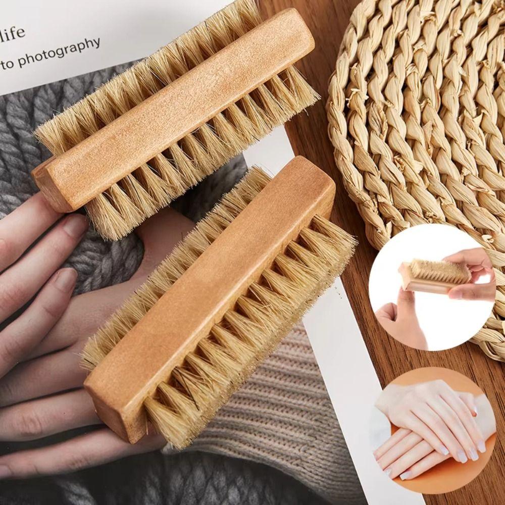 2Pcs Bamboo Handle Nail Art Scrubbing Brush Bristles/Sisal Nail Gap Cleaning Tool for Massage