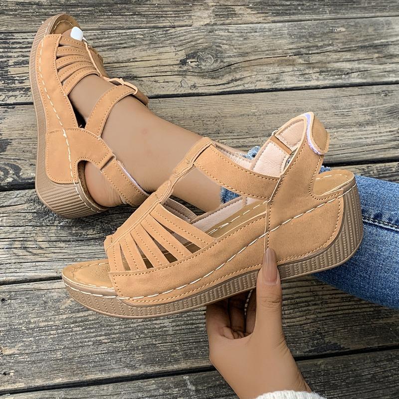 Women’s Retro Stitching Peep-Toe Sandals, Thick Sole Wedge, Large Size Casual Shoes