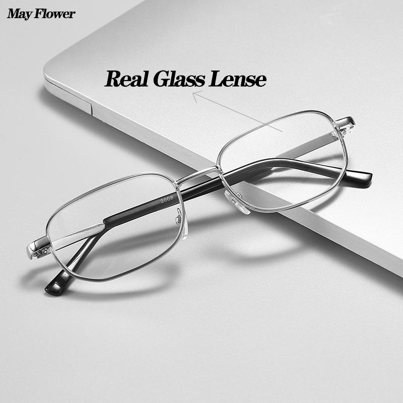 Anti-Scratch Reading Glasses Retro Square Presbyopic Eyewear With Glass Lenses Metal Hyperopia Eye Glasses Men's Glasses +3.5+4