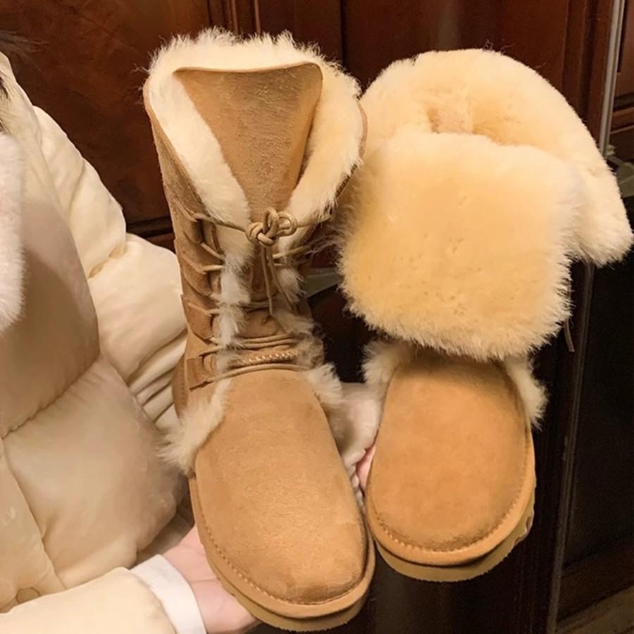 Warm to the heart~ New autumn and winter heightened thick-soled thickened warm cotton boots lace-up straps medium tube snow boots women