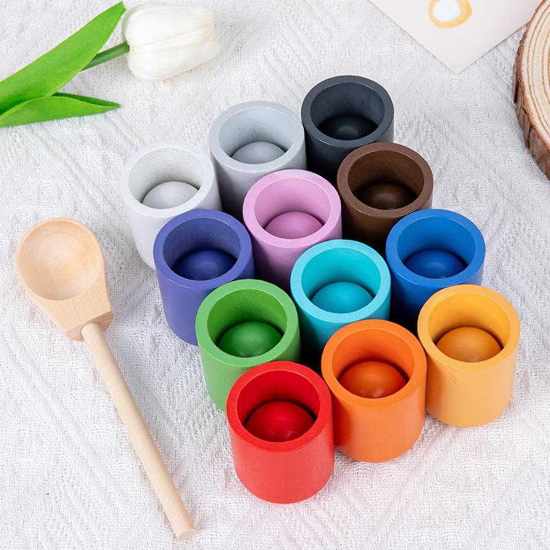 Early Education Wooden Set, 12 Colors, Ball and Cup, Color Classification, Bead Clamping, Color Recognition Matching, Educational Toy