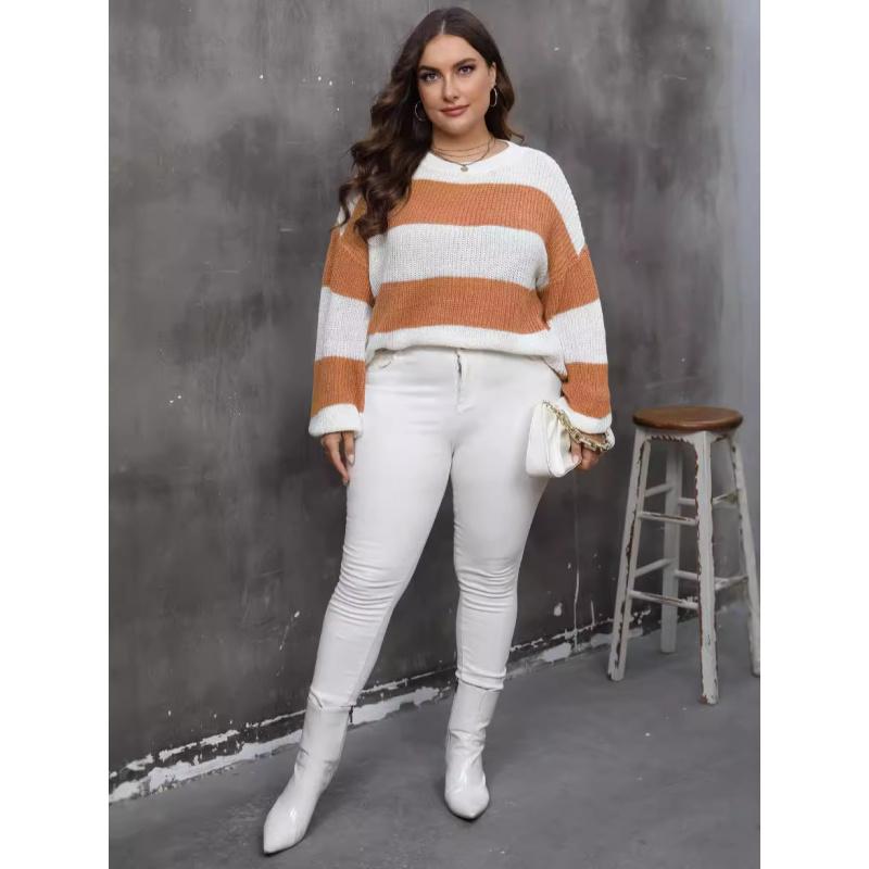 Женский пуловер большого размера с полосками в стиле колор-блок 3XL коричневый 2470₽