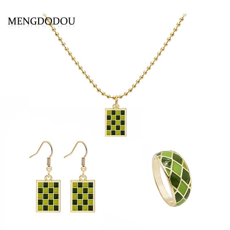 Spring Square Green Checkerboard Necklace Earrings, Small Fresh Ring Set, Jewelry Set.
