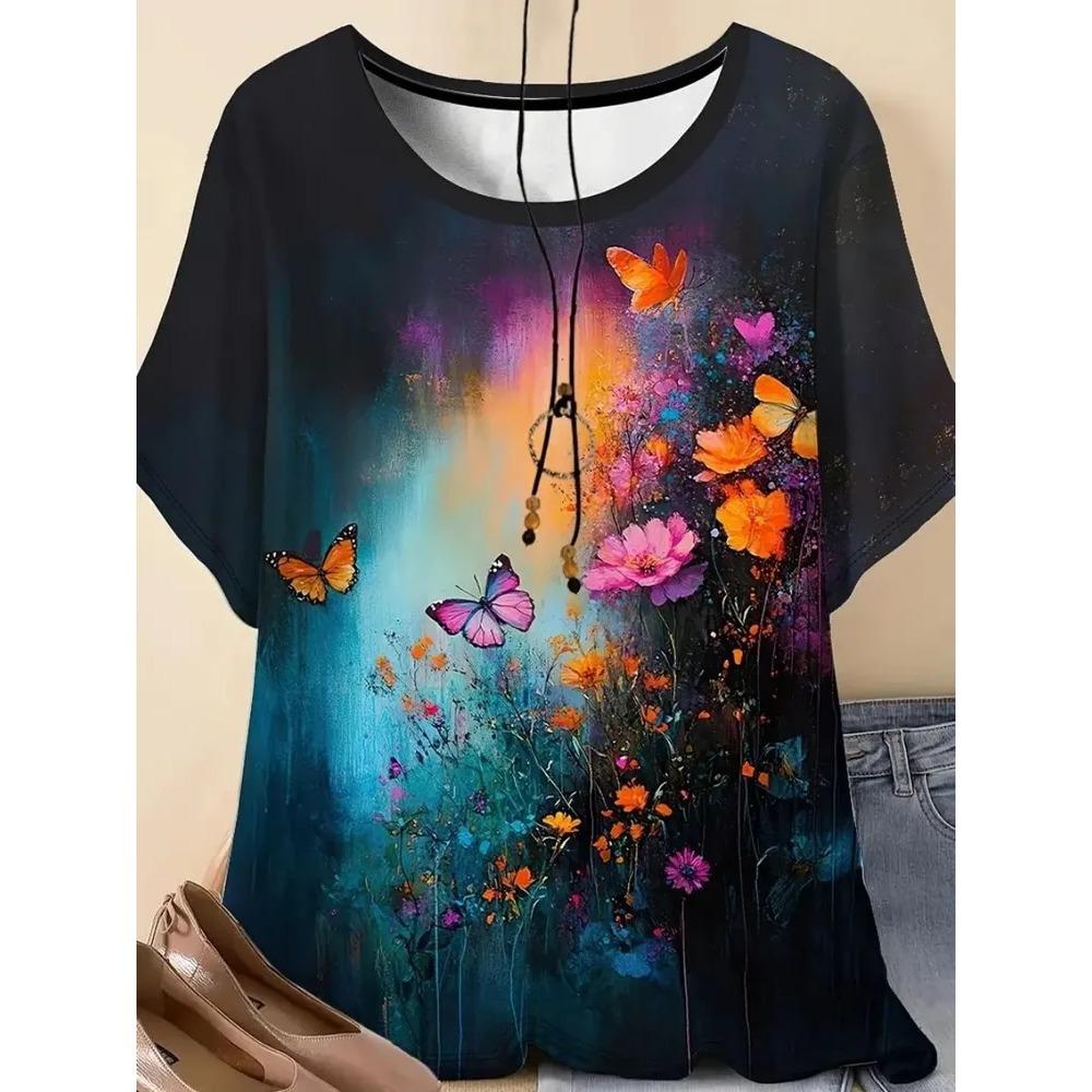 Damen Kurzarm T-Shirt Modisches Buntes Blumenmuster Bequem Locker Oversize Rundhals T-Shirt