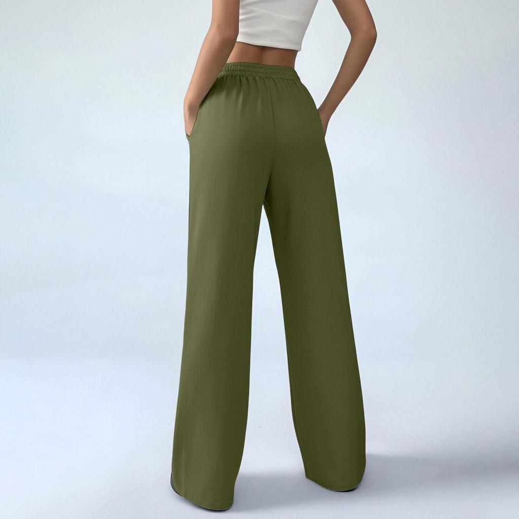 Women's Fashionable Color Button Elastic Waist Straight Tube High Waist Pocket Cotton Linen Casual Pants