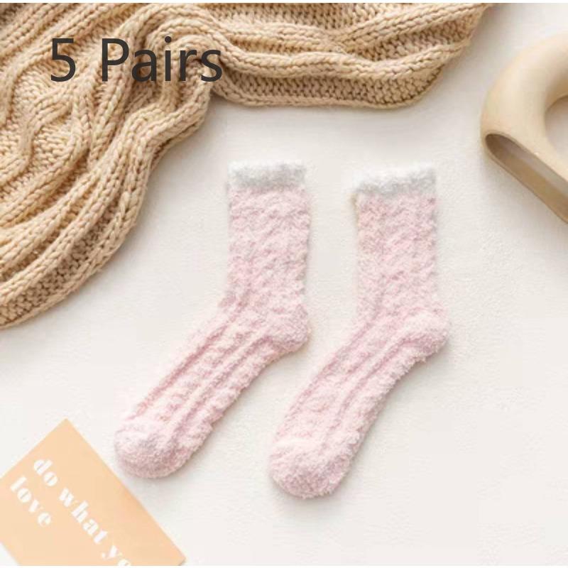 5 Pairs of Female Autumn and Winter Fleece Thick Mid Tube Floor Socks