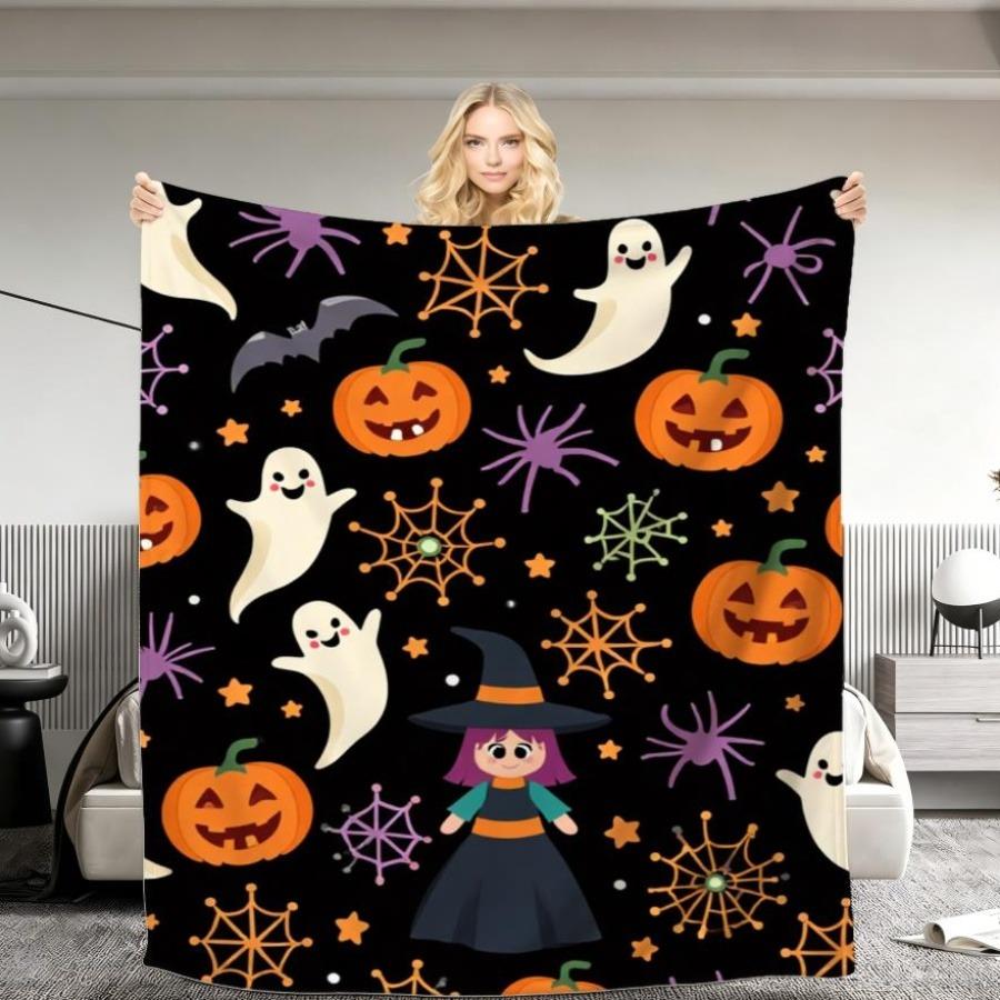 Fun Halloween Holiday Throw Blanket Spooky Pumpkin Ghost Spider Cat Print Soft Warm Blanket for Home Indoor Relaxation Daily Use